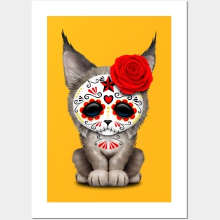 Red Day of the Dead Sugar Skull Lynx Cub Posters and Art